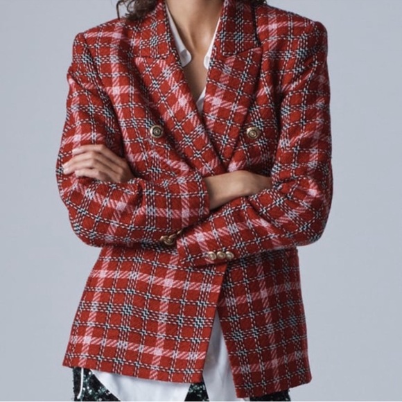 ZARA TWEED TEXTURED WEAVE DOUBLE BREASTED BLAZER - Picture 1 of 6